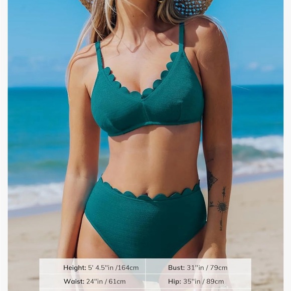 CUPSHE Women's Bikini Sets V Neck Scalloped Spaghetti Mid Rise - Picture 5 of 6